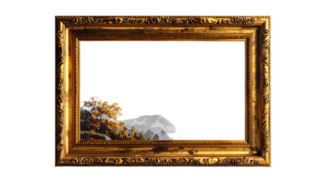 Ornate gold frame with a pixelated landscape