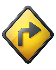 A yellow diamond road sign with a black border and a black arrow pointing to the right side ahead