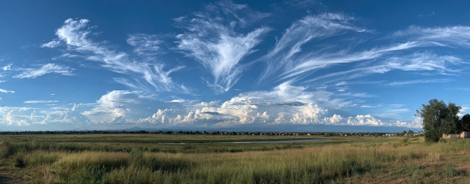 Vast landscape with dramatic clouds over a field - Powered by Adobe