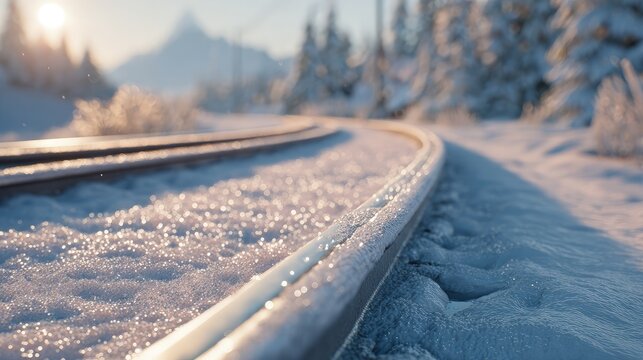 Snowy Train Tracks At Sunrise In Mountain Scenery