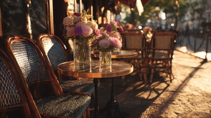 Outdoor Cafe Terrace with Floral Arrangements and Woven Chairs in Warm Sunset Light