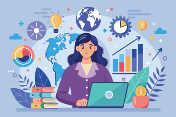 Student studying business concepts on a laptop with charts and graphs in a colorful, creative environment