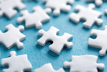Close-up of scattered white puzzle pieces on light teal surface