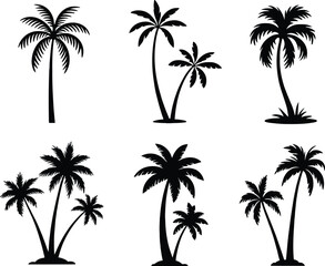 Collection of stylized black palm trees on a white background