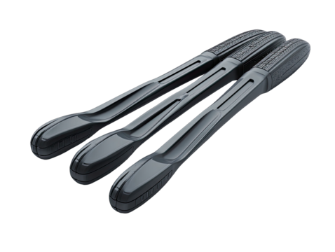 Three dark gray, sleek, aerodynamic objects