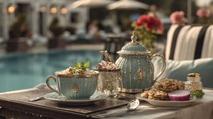 Naklejka premium Elegant tea service by pool