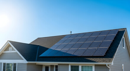 Fototapeta premium Solar panels installed on a residential rooftop under a clear blue sky providing clean energy for a sustainable future and reducing carbon footprint