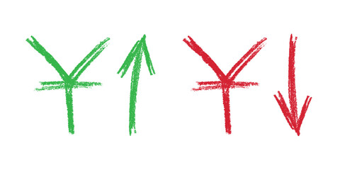 Hand drawn chinese yuan currency symbol Growth and fall profit with arrow up and down Brush stroke doodle Element for design
