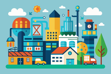 Colorful city illustration showcasing various industrial buildings and trees