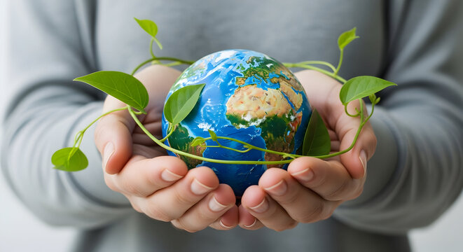 Person holding a globe with green plants symbolizing environmental awareness and sustainability for a better future and a healthy planet earth