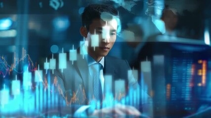 Businessman analyzing financial data with digital stock market charts and world map overlay focused investment trends global economy insights technology office business analysis professional finance - Powered by Adobe