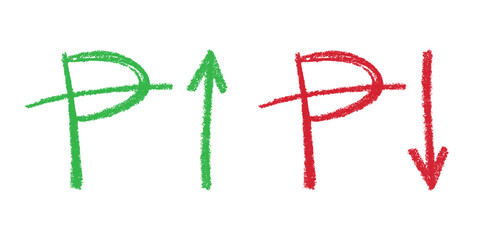 Hand drawn peseta currency symbol Growth and fall profit with arrow up and down Brush stroke doodle Element for design