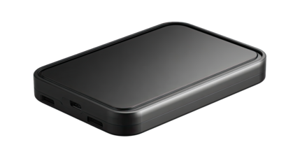 A dark gray portable charger, angled view
