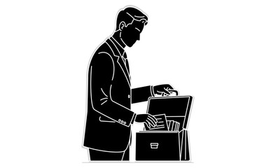 ビジネスマンがカバンに資料や書類を収納する線画アイコン