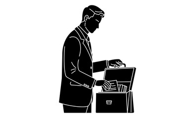 ビジネスマンがカバンに資料や書類を収納する線画アイコン