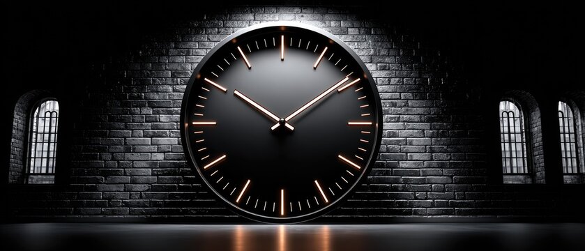 Large black clock on dark brick wall