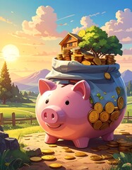 A cheerful piggy bank overflowing with gold coins, carrying a small wooden house and a tree