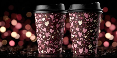Two takeaway coffee cups, decorated with a repeating pattern of hearts in shades of pink and beige on a dark maroon background