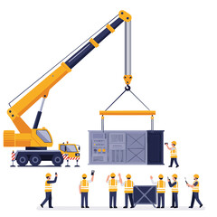 A large yellow mobile crane carefully lifts a heavy grey cargo container, with a diligent team of construction workers supervising the industrial operation.