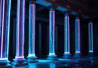 2182 cyber epic palace ruins marble pillars cracked and draped neon wires holograms flickering like ghosts humans silence except low