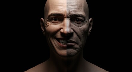 A contrasting portrait displays a man's face split between joyous and somber expressions, highlighting the duality of human emotions.