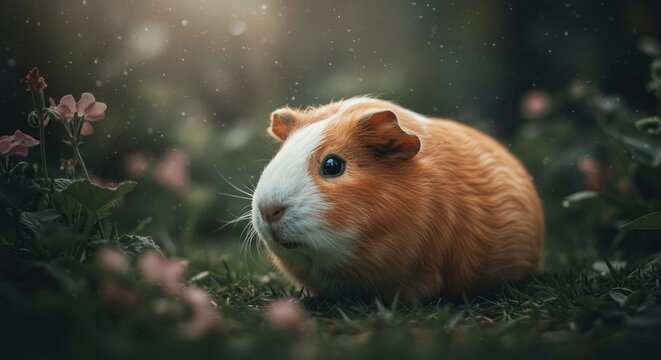 Charming Portrait of a Guinea Pig in a Natural Setting Surrounded By Greenery and Beautiful Pink Flowers in a Lovely