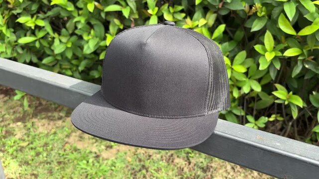 Close-up video of a plain black trucker cap hanging on a iron fence, with a natural green leaves background. The camera smoothly pans from right to left, showcasing the hat in outdoor daylight.