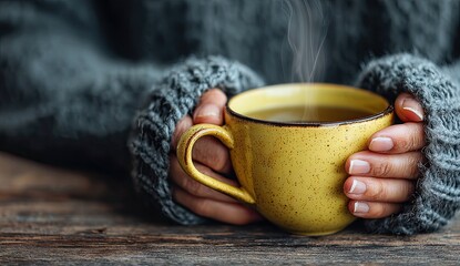 Cozy hands hold steaming yellow mug