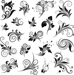 Collection of elegant black floral and vine swirl decorative elements for design and embellishment