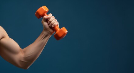 Man holding orange plastic dumbbell. Strong arm and biceps. Concept of fitness, health, and exercise. Workout equipment for strength training.