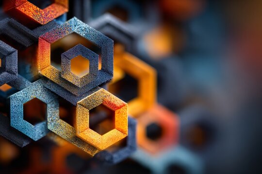 Interlocking hexagons in vibrant colors form an abstract background, ideal for technology, science, or design projects