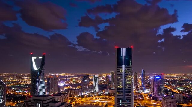 Aerial cityscape of Riyadh, Saudi Arabia, at twilight with modern skyscrapers.