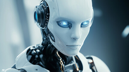 Futuristic White Humanoid Robot with Artificial Intelligence and Blue Eyes