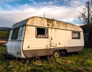 Abandoned vintage camper van in a rural landscape