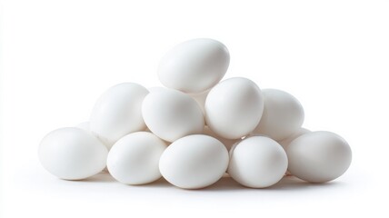 Pile of white eggs on solid white background. AI image