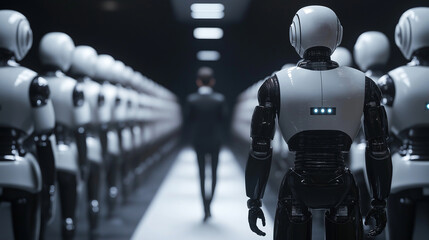 Futuristic Humanoid Robot in Business Suit with Artificial Intelligence Concept