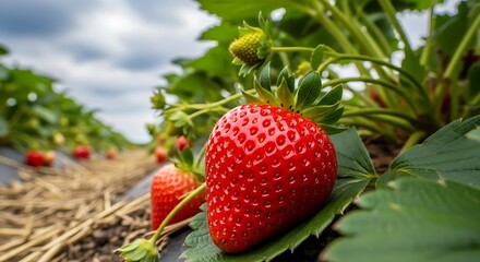 Close Up of Fresh Strawberries in Field.
