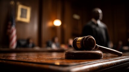 Obraz premium Gavel and judge in dimly lit courtroom. AI image