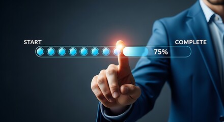 Illustration of man touching progress bar indicating 75 completion