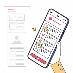 Vector illustration of a hand holding smartphone with app interface beside website layout. Concept for UI/UX design, responsive design, app development, web design, and digital technology