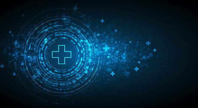 Digital healthcare technology, abstract medical cross icon with a futuristic and technological background, concept of medicine and health.