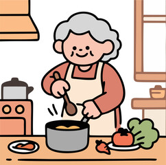 Senior Woman Cooking Soup in Kitchen – Cute Cartoon Vector with Vegetables