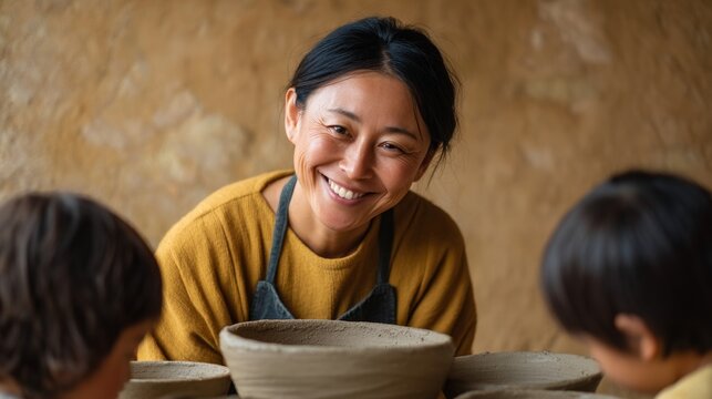 Woman potter smiling at children at table with clay pots.