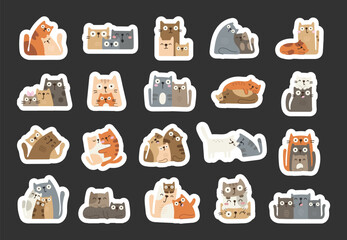 Family cat character set in scandinavian style showing kittens with parents in different emotions and poses including cuddling, hugging, sleeping, playing, resting, love and affection © Sergii Ieromin