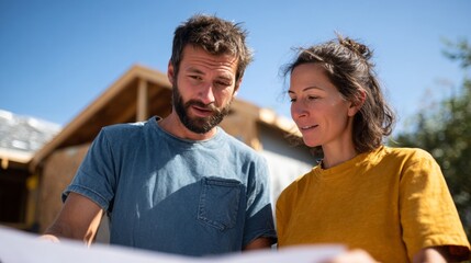 Couple looking at blueprints outdoors.