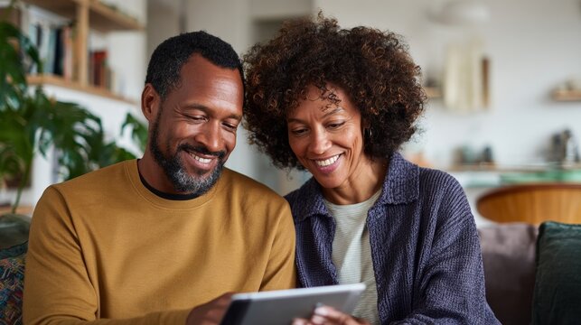 An elderly couple sharing a moment together while using a tablet.