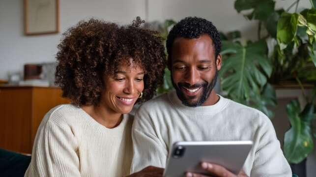 A couple looking at a tablet together.