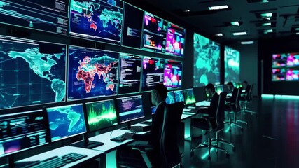 Security Operations Center operators monitoring multiple screens with global data and threats. - Powered by Adobe