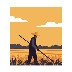 Stylized illustration of a farmer working in a field under a warm sky with soft clouds
