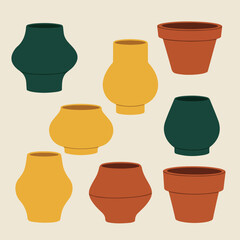 Assortment of eight vases and pots in green, yellow, and brown hues on a beige backdrop